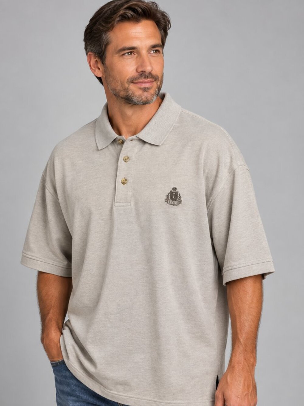 IZOD Men’s XL Beige Cotton Polo Shirt Embroidered Crest Classic Preppy
